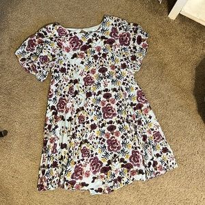 Blue floral dress, open upper back, short sleeve, good condition